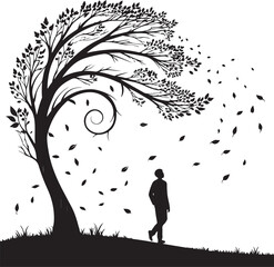 Silhouette of a man walking under a stylized tree with swirling branches and falling leaves vector illustration