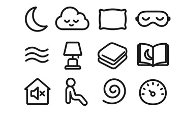 Sleep Comfort Icons. Sleep Comfort Icons linear icon set: crescent moon, resting cloud, soft pillow, sleep mask, calm breath wave, nightlight glow, cozy blanket fold, bedtime book