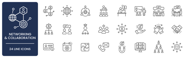 Networking and Collaboration Line Icon Set with Editable Stroke. Collection of teamwork, partnership, communication, mentoring, negotiation, remote work, public speaking, and community symbols.