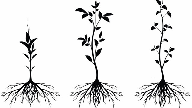 Growth stages of plant with roots, showing development from sprout to maturity, ideal for agricultural, botanical, or educational content, vector origin