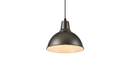 Modern industrial style pendant light fixture with a dark metallic dome shade, isolated on transparent background