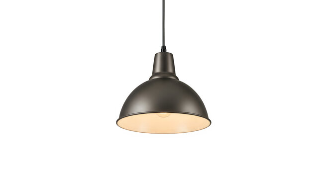 Modern industrial style pendant light fixture with a dark metallic dome shade, isolated on transparent background