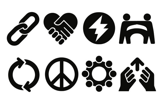 Unity Icon Collection. Unity & Cooperation silhouette icon set: linked chain, heart handshake, shared energy, teamwork bridge, synchronized arrows, peace symbol, community circle