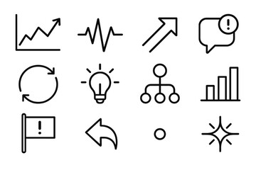 Dynamic Data Icons. Real-Time Data Actions linear icon set: live chart, pulse indicator, rapid arrow, notification bubble, update cycle, insight beam, quick decision node, dynamic