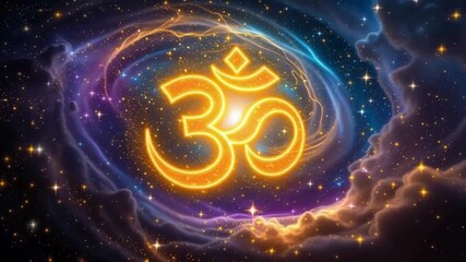 The sacred Om symbol glowing with warmth and enlightenment amidst a nebula with sparkling star
