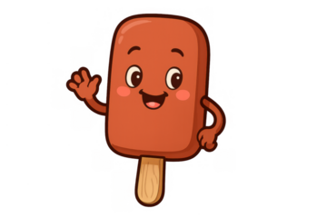 Chocolate popsicle mascot character waving hand, smiling, cute summer dessert, transparent background