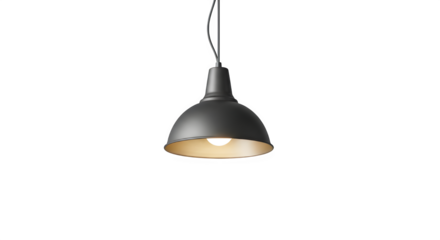 Stylish industrial black metal ceiling lamp with warm light, isolated on transparent background