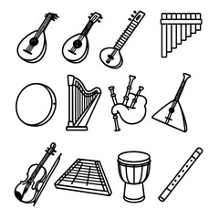 Obraz premium Traditional Instrument Icons. Traditional folk instruments linear icon set. lute, mandolin, sitar, pan flute, bodhrán drum, harp, bagpipe, balalaika, fiddle, dulcimer, hand drum
