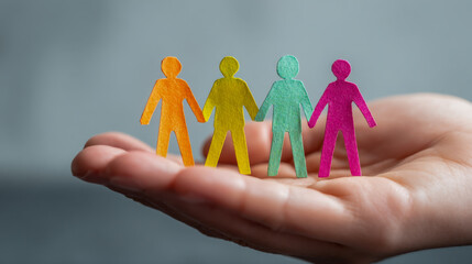 Diverse colored paper chain figures holding hands symbolizing unity and support resting gently on an open human hand against a neutral background