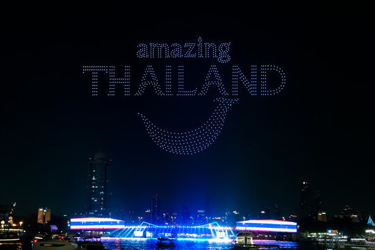Bangkok,Thailand - November 22, 2025 : Vijit Chao Phraya 2025, AI Drone Show Festival in Thailand, Mobile Drones, Riverfront light show.
