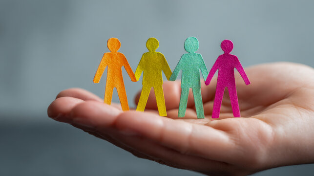 Diverse colored paper chain figures holding hands symbolizing unity and support resting gently on an open human hand against a neutral background