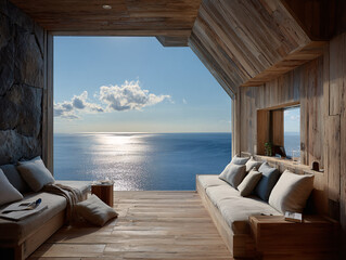 Fototapeta premium indoor space with a view of the ocean. The room features wooden walls and furniture, including a cushioned bench with pillows and a book, and a stone wall to the right