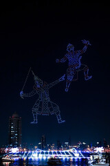 Bangkok,Thailand - November 22, 2025 : Vijit Chao Phraya 2025, AI Drone Show Festival in Thailand, Mobile Drones, Riverfront light show.