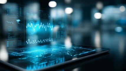 Cutting edge technology concept featuring a transparent tablet with interactive data visualizations and financial statistics. Sleek workspace ambiance highlights innovation and digital transformation - Powered by Adobe