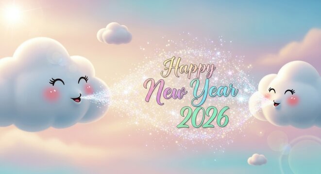 Happy new year 2026, two smiling clouds blowing magical glitter