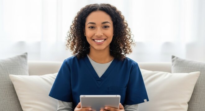 A friendly young female medical professional with curly hair, wearing blue scrubs, smiles warmly at the camera while holding a digital tablet in a bright, modern interior - Powered by Adobe