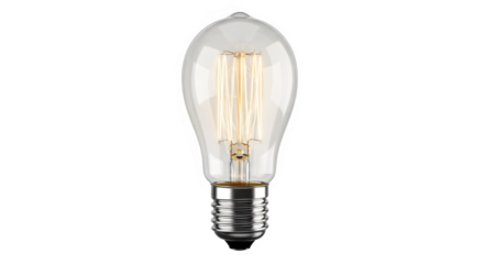 Vintage edison style filament light bulb, glowing warmly, isolated on transparent background