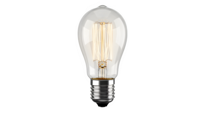 Vintage edison style filament light bulb, glowing warmly, isolated on transparent background