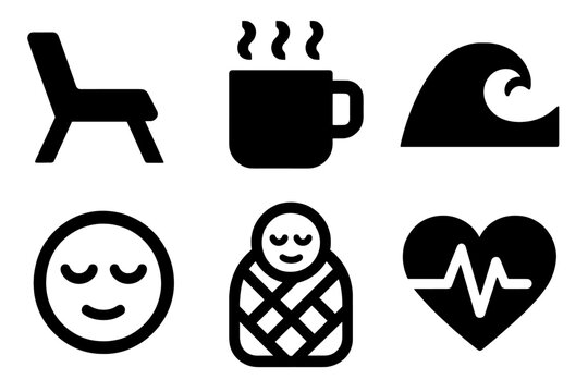 Labor Day Worker Icons. Labor Day Worker Care Set silhouette icon set: rest chair, warm drink, relaxation wave, mindful face, comfort blanket, steady heartbeat