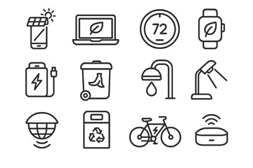 Fototapeta premium Eco-Tech Icon Collection. Eco-Tech Gadgets linear icon set: solar-powered phone, energy-saving laptop, smart thermostat, eco smartwatch, rechargeable battery pack, composting