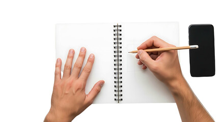 Person writing in a notebook with a pencil and a smartphone nearby topdown view on a white background.