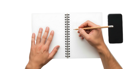 Person writing in a notebook with a pencil and a smartphone nearby topdown view on a white background.