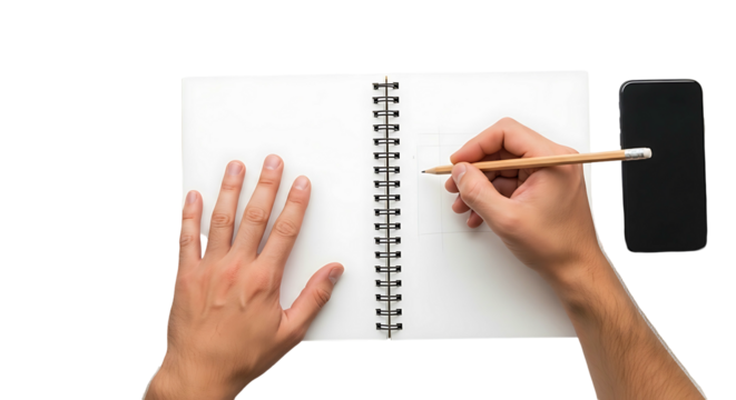 Person writing in a notebook with a pencil and a smartphone nearby topdown view on a white background.