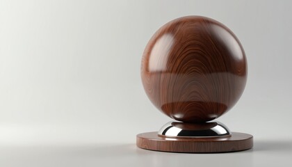 Polished wood sphere on chrome base and wood stand. Realistic 3D rendering shows detailed wood grain. Shiny surface reflects light. Clean background for design use. Modern object.