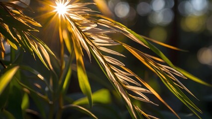Golden Wheat Spike in Sunlight Close Up, Agricultural Nature Detail
