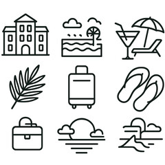Fototapeta premium Tropical Resort Icons. Luxury Escape linear icon set: resort building, infinity pool, cocktail glass, lounge chair, palm leaf, suitcase, sunset, flip-flops