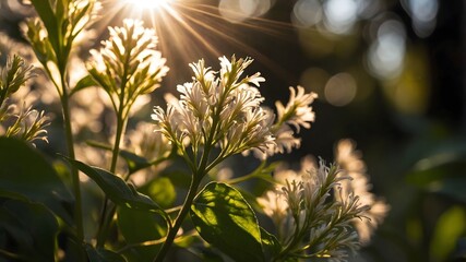 White Wildflowers in Sunlight with Golden Bokeh, Bright Nature Background
