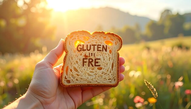 Hand holding slice of gluten-free bread in sunlit field promotes healthy lifestyle