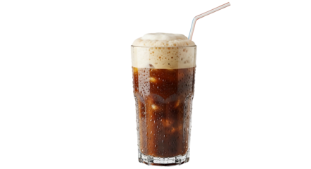 Refreshing iced coffee beverage with creamy foam and straw.