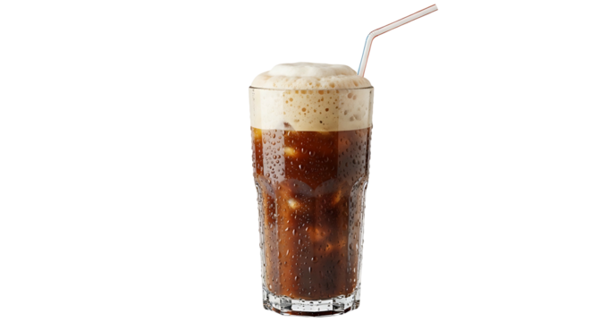 Refreshing iced coffee beverage with creamy foam and straw.