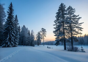 Fototapeta premium Serene Snowy Forest Trail at Sunset with Footprints in Fresh Powder