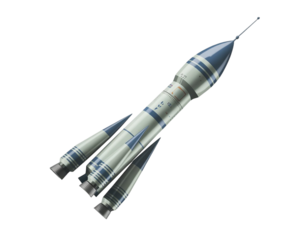 Stylized retro rocket ship with booster rockets Keywords: rocket, space, spaceship, launch isolated on a transparent background