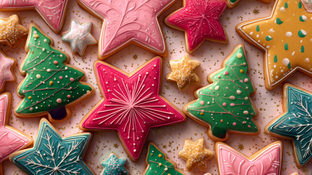 Assorted colorful Christmas tree and star-shaped holiday sugar cookies with intricate icing designs on a festive golden background