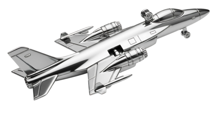 Shiny metallic jet airplane model isolated on white background.