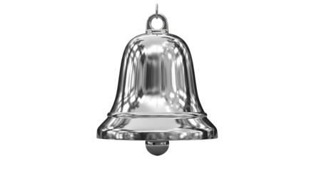 Shiny Silver Bell Ornament Hanging on White Background.