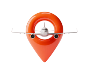 White Airplane Flies Through Bright Orange Location Pin isolated on a transparent background