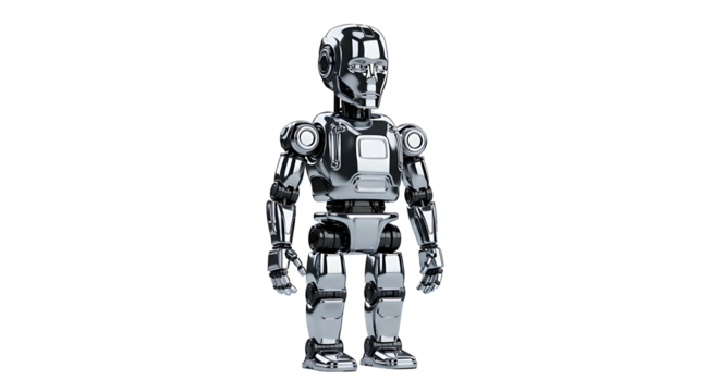 Shiny metallic robot standing upright on a white background.