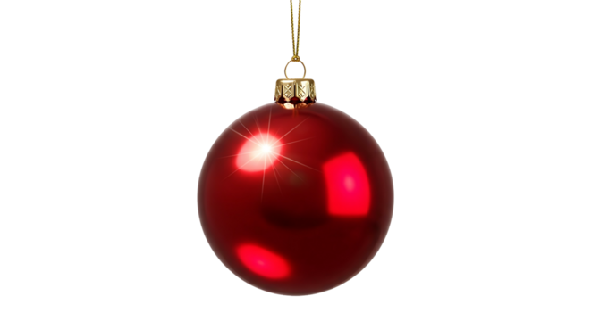 Shiny red Christmas ornament hanging with golden string.