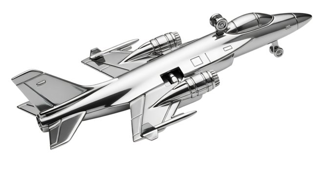 Shiny metallic jet airplane model isolated on white background.