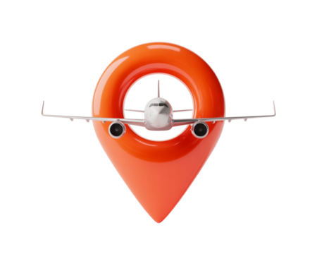 White Airplane Flies Through Bright Orange Location Pin isolated on a transparent background
