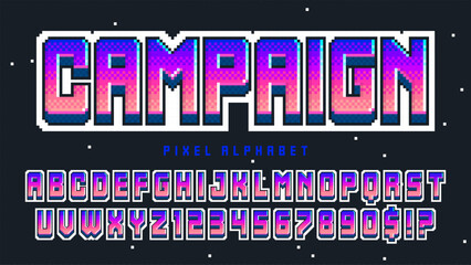 Pixel alphabet design. Retro video game style. High contrast and sharp, retro-futuristic.