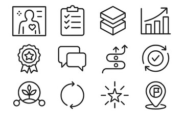 Wellness Program Blueprint. Comprehensive Wellness Program Collection linear icon set: wellness blueprint, initiative list, multilevel strategy blocks, outcome metric, incentive