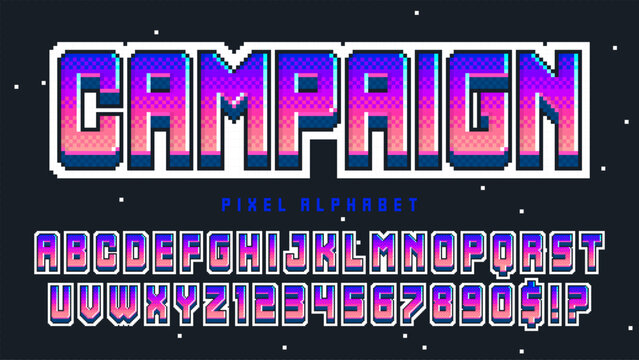 Pixel alphabet design. Retro video game style. High contrast and sharp, retro-futuristic.