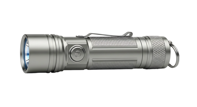 Silver LED Flashlight with Clip and Lanyard.