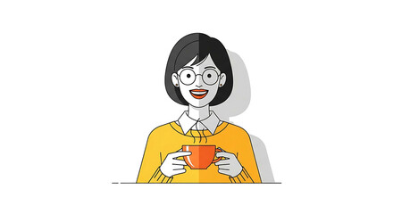 Smiling Woman with Glasses Enjoying a Hot Drink.