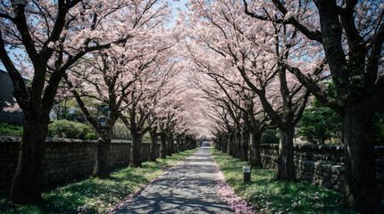Fototapeta premium Perspective view of a country lane leading under a romantic archway of pink cherry blossoms on a sunny spring day